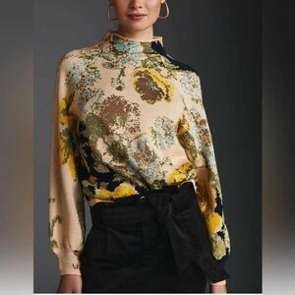 Anthropologie Beatriz Floral Print Mock-Neck Blouse in Cream, Yellow, Black
